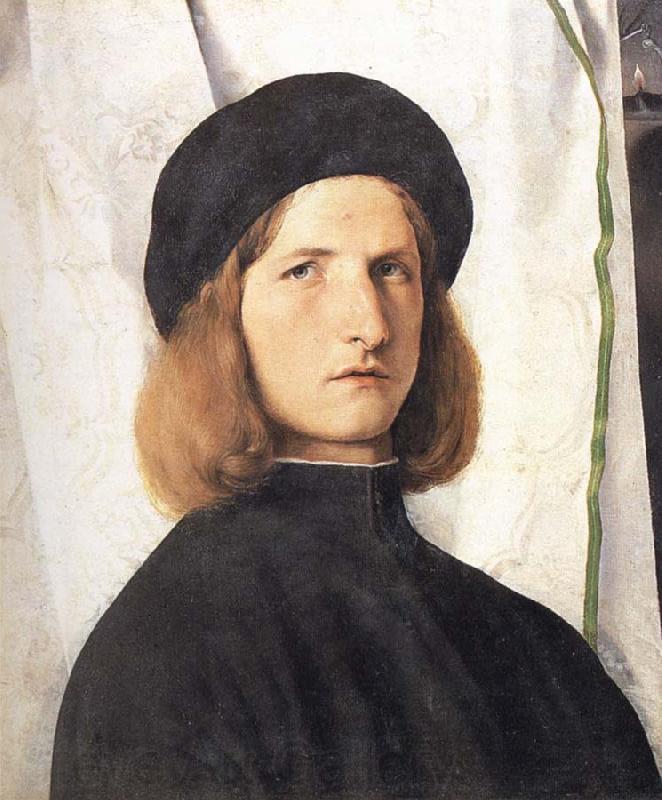 Lorenzo Lotto Portrait of a young man against a white curtain France oil painting art